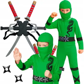 Karnevalový kostým KOSTÝM NINJA MEČE SHURIKENY DÝKY KATANA BOJOVNÍK ZELENÝ 116 122 CM