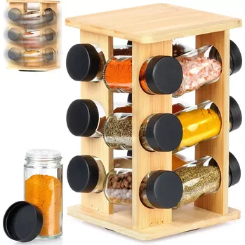 Otočný bambusový stojan na koření se skleněnými dózami, 13dílný