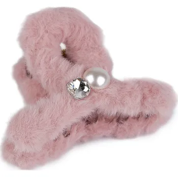 Skřipec do vlasů kožešinový s perlou a broušeným kamenem, barva 5 pudrová