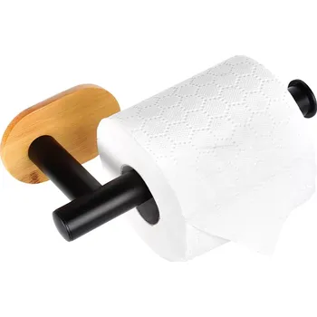 Nástěnný držák na toaletní papír z nerezové oceli a bambusu, černý, 17 cm