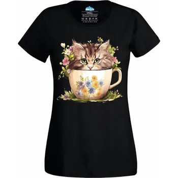 Dámské tričko Kočka v Květinovém Hrnku (Velikost: 4XL, Barva: Černá)