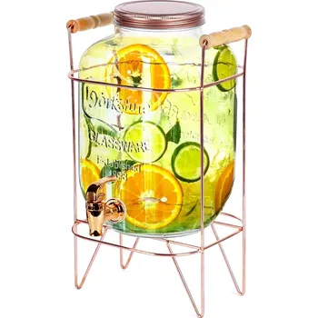 Dávkovač nápoje Skleněný nápojový dispensér s kohoutkem a zlatým stojanem 5,5 l