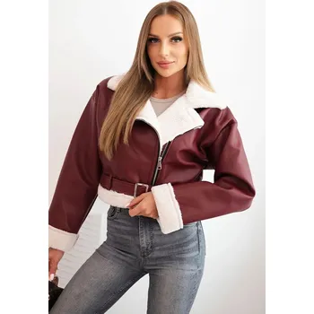 Dámská bunda Dámská pilotka z ekokůže s kožichem a páskem bordová UNI