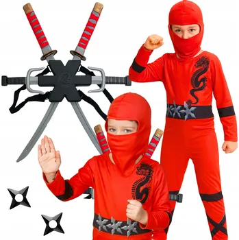 Karnevalový kostým KOSTÝM NINJA MEČE ŠURIKENY DÝKY KATANA BOJOVNÍK ČERVENÝ 128 134 CM