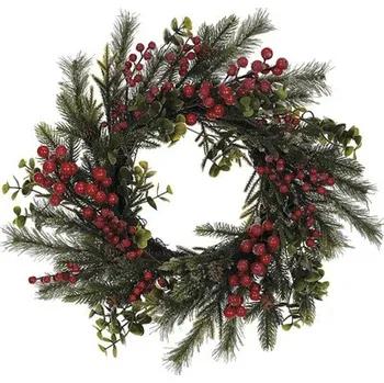 umělá květina Umělý vánoční věnec zelený ø 50 cm šišky a červené bobule