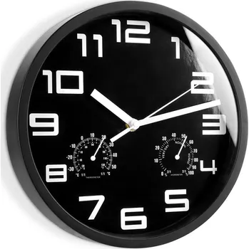 Hodiny Nástěnné hodiny s teploměrem a vlhkoměrem, černé, 25 cm