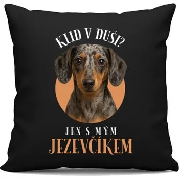 Žertovný předmět Tričkový.cz - Klid v duši? Jen s mým jezevčíkem - černý polštář s potiskem