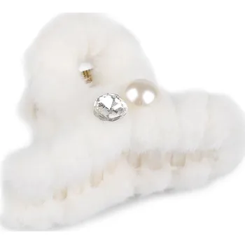Ozdoba do vlasů Skřipec do vlasů kožešinový s perlou a broušeným kamenem