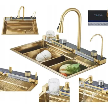 Nerezový dřez ZLATÝ DŘEZ Z NEREZOVÉ OCELI S VODOPÁDEM + MULTIFUNKČNÍ KUCHYŇSKÁ BATERIE