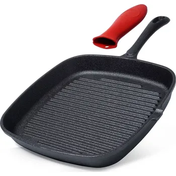 Pánev Litinová grilovací pánev čtvercová se silikonovým chráničem rukojeti 24,5 × 24 cm
