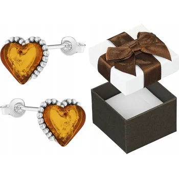 Náušnice Stříbrné Náušnice Srdíčka s Jantarem Srdce Puzety Piny Stříbro 925