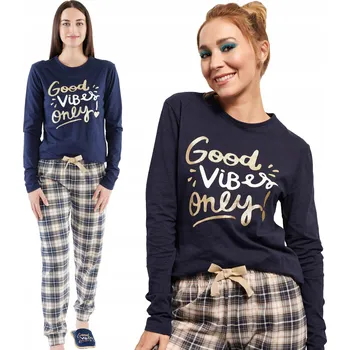 Dámské pyžamo Dámské pyžamo dvoudílné s dlouhým rukávem teplé kostkované Bessy tmavě modré S