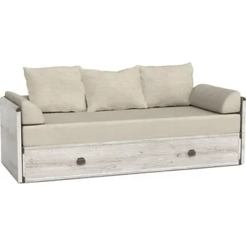 Pohovka INDIANA II NEW - KOMPLET POHOVKA ROZKLÁDACÍ JLOZ 80/160, lamino borovice bílá /látka BÍLÁ KÁVA (MONTANA 023 JLOZ 80/160- 7BALÍKŮ )(UG) (K150) NOVINKA