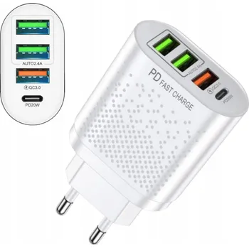 Síťová nabíječka USB Typ C 20W PD QC 3.0 Rychlá 4 Porty Bílá