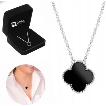 Náhrdelník Stříbrný dámský náhrdelník Řetízek STŘÍBRO ryzost 925 Čtyřlístek ONYX + DÁREK
