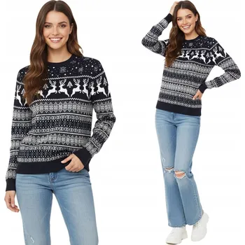 Dámský svetr Dámský vánoční svetr tmavě modrý vlněný norský se vzory sněhové vločky M