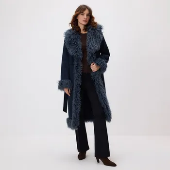 Dámský kabát Reserved - Kabát z imitace semiše a kožešiny - tmavomodrá - 225HP-59X - 225HP-59X-L