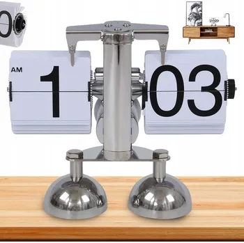 Hodiny Stolní hodiny s překlápěcími kartami, automatické, mechanické, dřevěný podstavec, Ocel