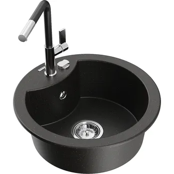 Granitový dřez MEXEN/S - Diego granitový dřez 1-miska včetně baterie Flora, černá/zlatá metalik 6512-75-670401-07