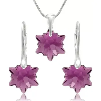 Souprava šperků Swarovski Elements Edelweiss Snowflake krystal 14mm - Stříbrná sada (set, souprava) náušnice a přívěsek s řetízkem fialová vločka, protěž, kytička 34221.1 Amethyst (fialová, bordó, vínová)