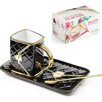 Žertovný předmět Keramický šálek s podšálkem a zlatavou lžičkou LUXUSNÍ KABELKA – zlatočerný