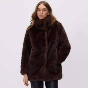 Dámský kabát Reserved - Umělý kožich s límcem - tmavě hnědá - 721AY-89X - 721AY-89X-XS