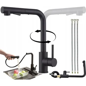 Vodovodní baterie KUCHYŇSKÁ BATERIE ČERNÁ FLEXIBILNÍ RAMÍNKO ČERNÝ KOHOUTEK S OHYBNÝM RAMENEM 360°