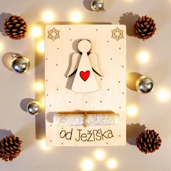 Vánoční dekorace Dekorace z Řečice Dřevěné dárkové přání na peníze od Ježíška "Anděl" k vánoční