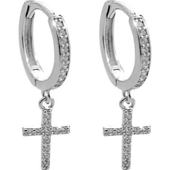 Náušnice JSB bijoux s.r.o. Stříbrné náušnice kreole s Kubickými zirkony a s přívěskem křížku (Stříbro 925/1000)