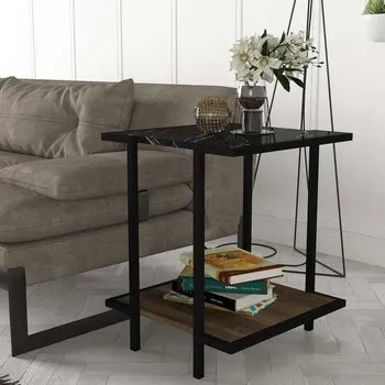 Konferenční stolek LEOPOLD industriální příruční stolek, ořech/černý mramor