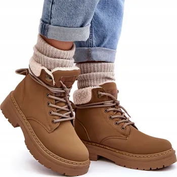 Dámská zimní obuv TRAPERY DÁMSKÉ KOTNÍKOVÉ BOTY ŠNĚROVACÍ S KOŽÍŠKEM Z EKO KŮŽE HNĚDÉ 36