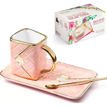 Žertovný předmět Keramický šálek s podšálkem a zlatavou lžičkou LUXUSNÍ KABELKA – zlatorůžový