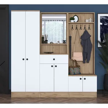 Předsíňová stěna ZARONE předsíňová stěna se zrcadlem, bílá/ořech