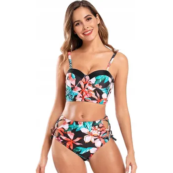 Dámské oblečení BIKINY PLAVKY S VYSOKÝM PASEM VZOR LIST KVĚT XL
