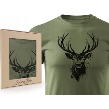 Tričko T-shirt khaki lovecké s potiskem HLAVA BÝKA v krabičce - S