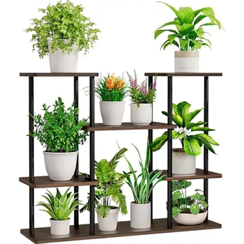 Stojan na květiny Kovový stojan na květiny, černá/rustikální dřevo, LEDER