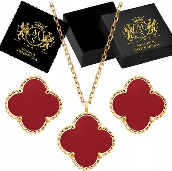 Náušnice Zlatá Sada Jetelíček Náušnice a Náhrdelník s Červeným Achátem Stříbro 925