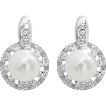 Náušnice JSB bijoux s.r.o. Stříbrné náušnice klapky s říční perlou a obvodem Kubických zirkonů Crystal (Stříbro 925/1000)