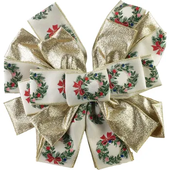 Vánoční dekorace Vánoční dekorativní mašle Santa Lila 32x130 cm béžovo-zlatá s věnci