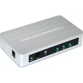 Switch MicroConnect 3x1 HDMI2.0 Switch 4K stříbrná (MC-HMSW301B)
