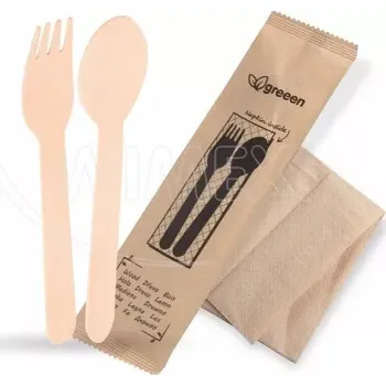 Příbor Sada dřevěných příborů (dřevo FSC 100%)(vidlička + lžíce + ubrousek) [50 sad] (40033 - 10B)