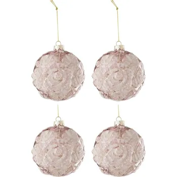 Vánoční ozdoba 4ks růžová vánoční skleněná ozdoba s růžemi a třpytkami M - Ø 10 cm