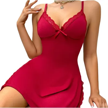 Dámské noční prádlo Dámská noční košile s krajkou a rozparkem Elegantní jednobarevná košilka s výstřihem do V Lehký polyester Pohodlné noční prádlo Různé barvy červená XL