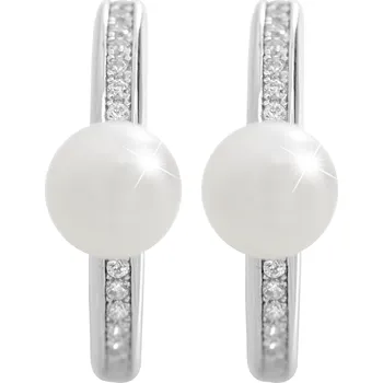 Módní doplněk JSB bijoux s.r.o. Stříbrné náušnice kruhy s říční perlou a Kubickými zirkony Crystal (Stříbro 925/1000)