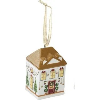 Vánoční ozdoba Vánoční keramická ozdoba domeček nízký Festival Avenue 1ks, Easy Life - Bílo-zlatý