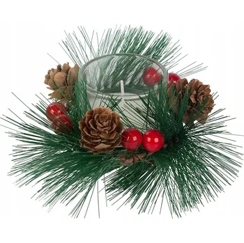 Svíčka dobirkov.cz Vánoční svíčky v ozdobném věnečku – skleněný svícen se šiškami a bobulemi, 2 ks