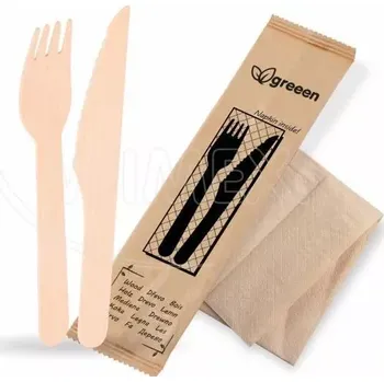 Příbor Sada dřevěných příborů (dřevo FSC 100%)(nůž + vidlička + ubrousek) [50 sad] (40031 - 10B)