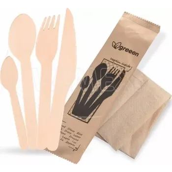 Příbor Sada dřevěných příborů (dřevo FSC 100%)(vidlička + nůž + lžíce +lžička + ubrousek) [50 sad] (40039 - 10B)