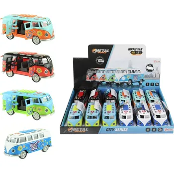 Hračka Teddies Autobus retro kov/plast 12cm na baterie se zvukem se světlem na zpětné natažení 4 barvy (1 ks)