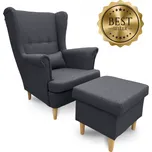 Křeslo ušák VISBY + taburet s úložným prostorem – masiv, látka, šedá Kupžidle